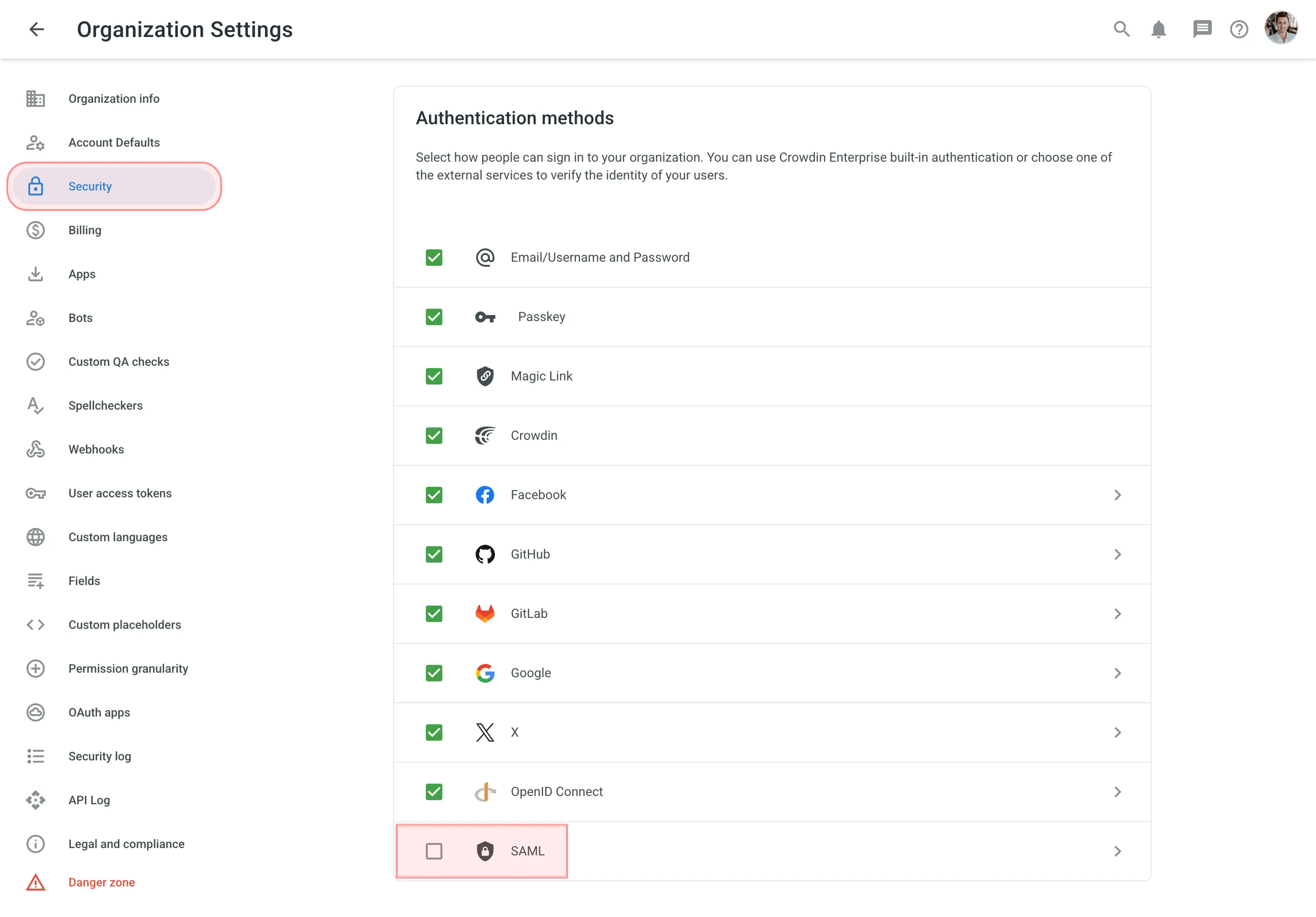 组织设置安全部分中的 SAML