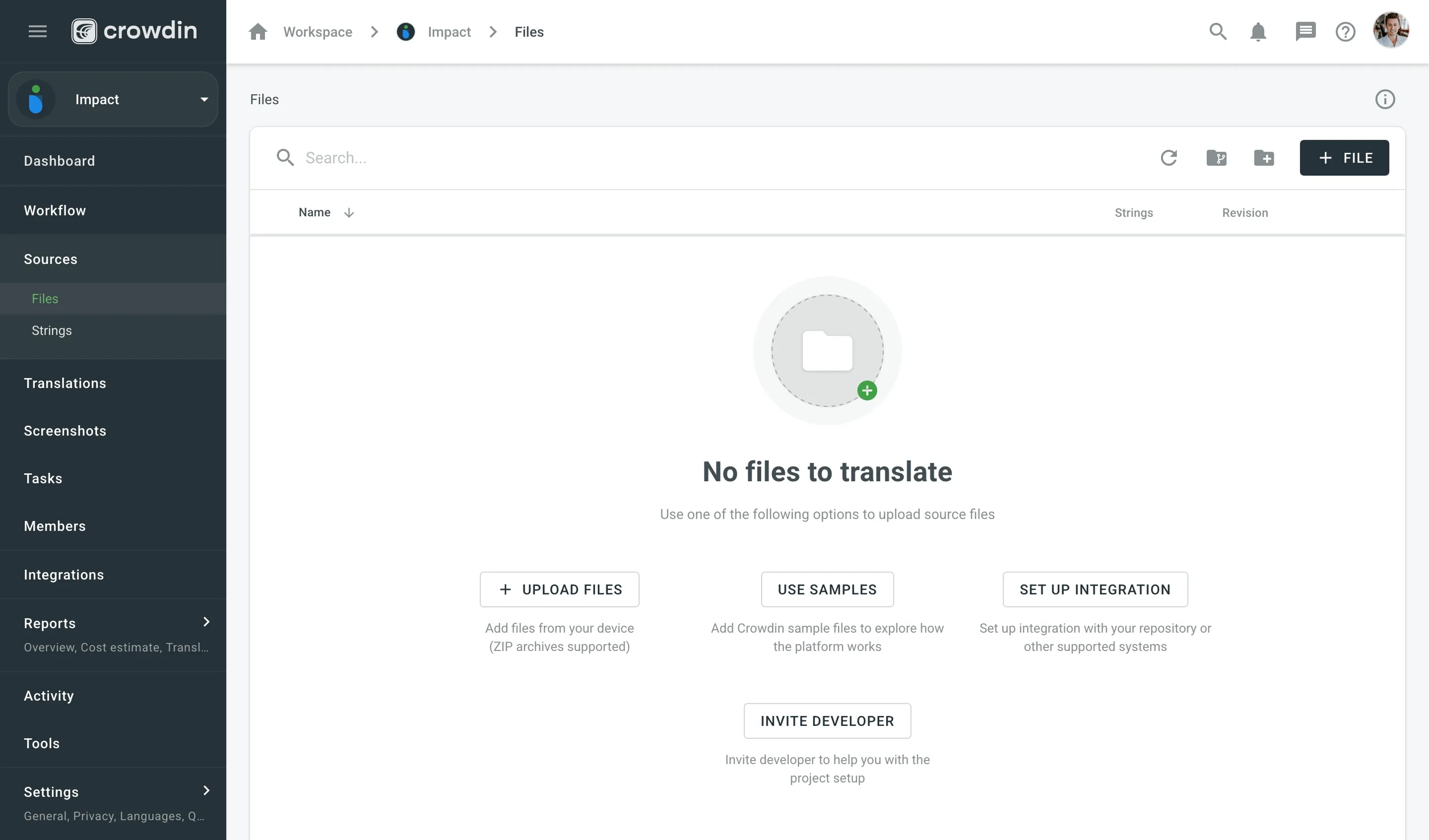Dateien-Tab in den Projekteinstellungen